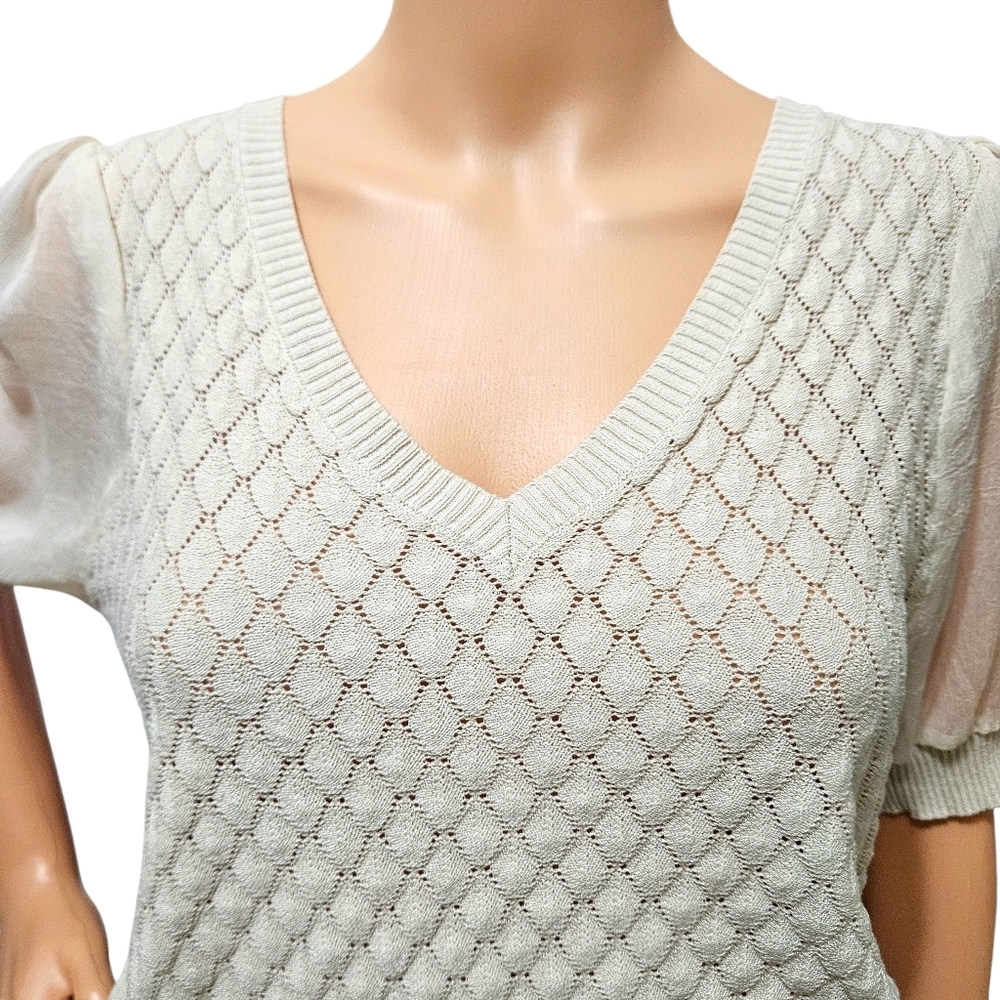 Womens Diamond Pattern Blouse Sheer Puff Sleeve Top Ivory M Preppy Coquette - Picture 6 of 12